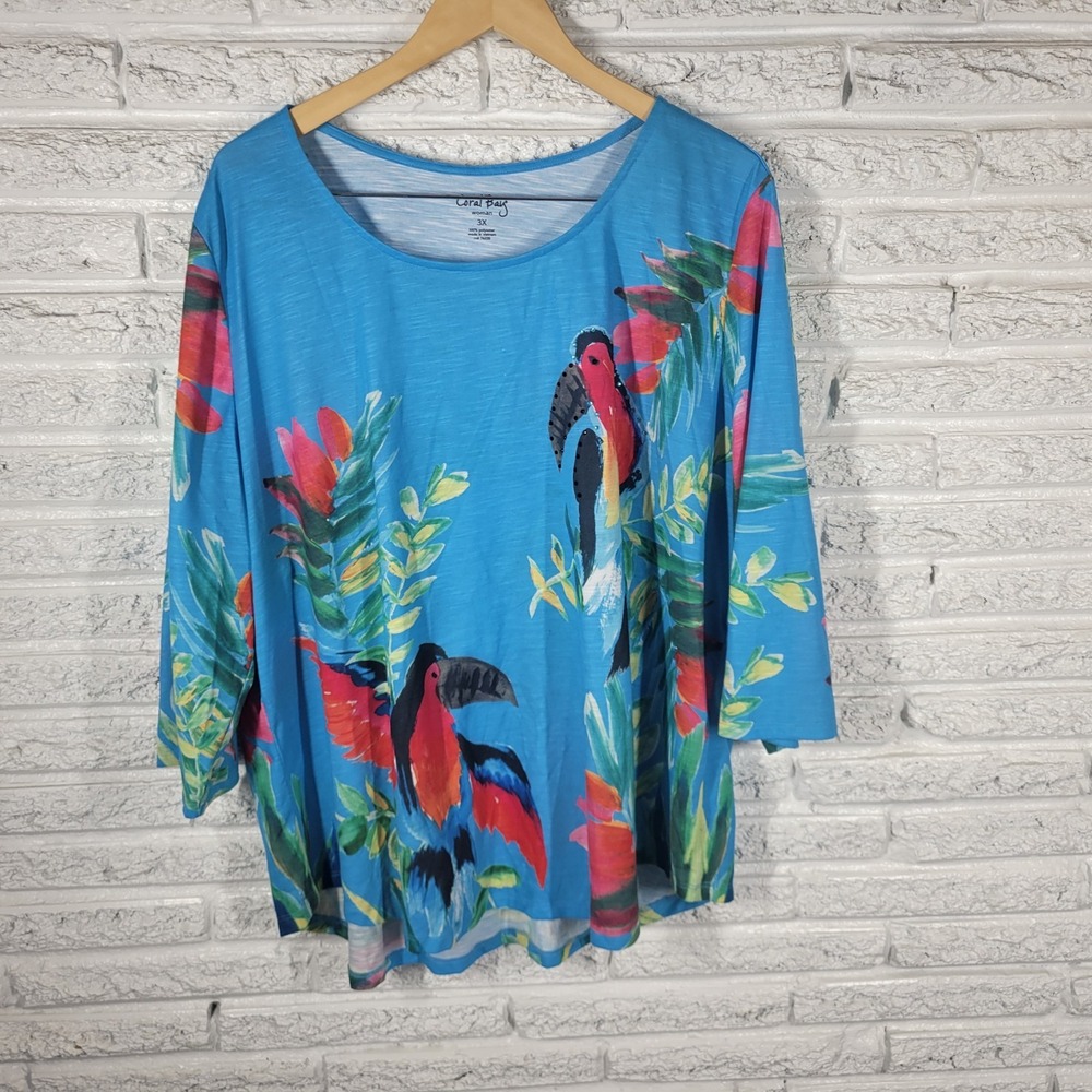 Coral Bay Womens 3X Tropical Toucan Floral Blouse Top 3/4 Sleeve Travel Colorful